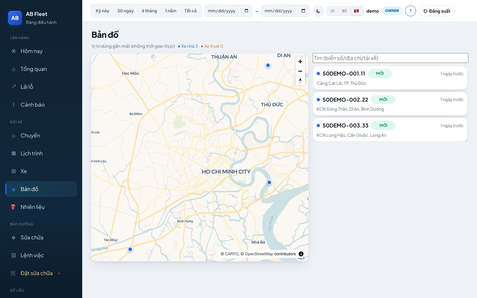 AB Fleet live map with truck positions in Ho Chi Minh City