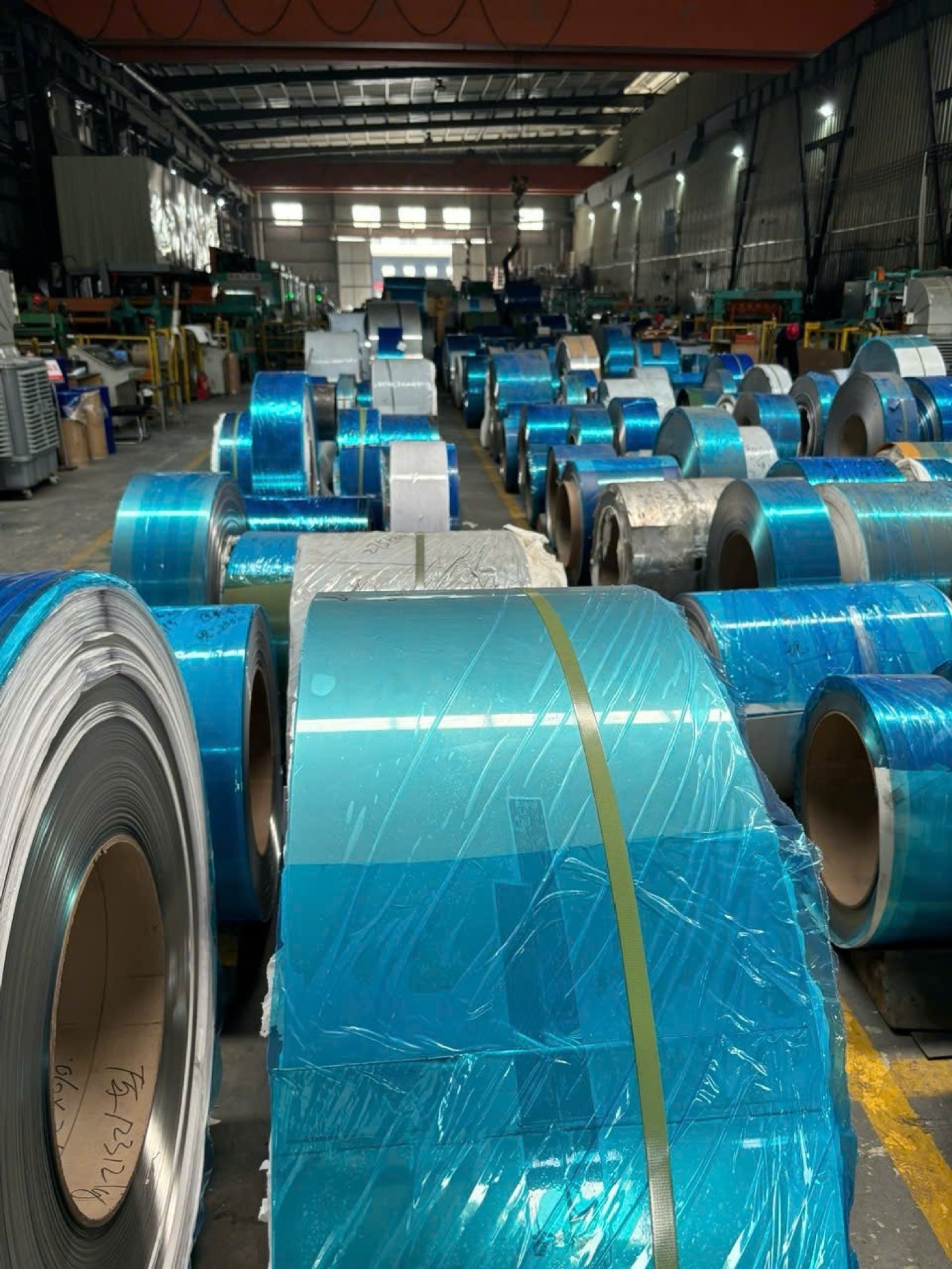Steel coils stored in the processing warehouse